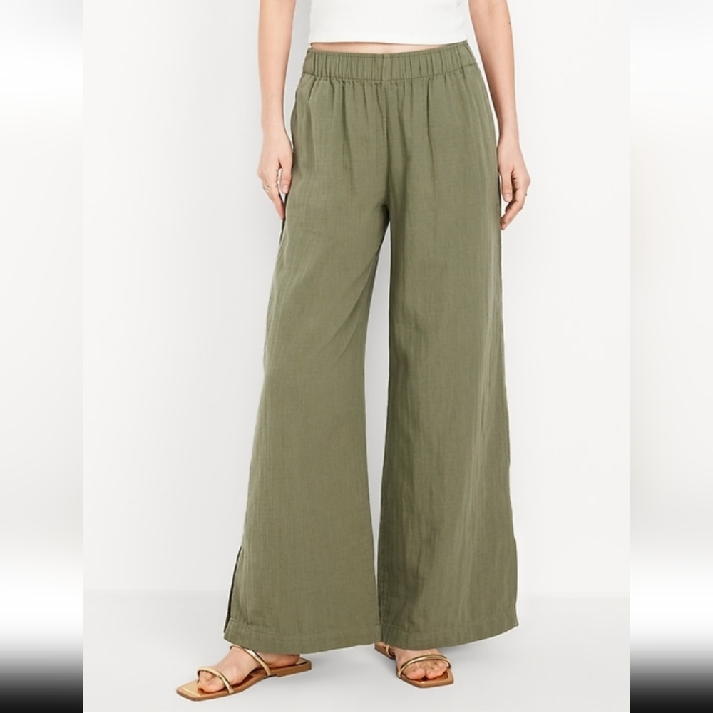 NWT - Old Navy High Waisted Crinkle Gauze Wide Leg Pants - Olive/Bare Ground